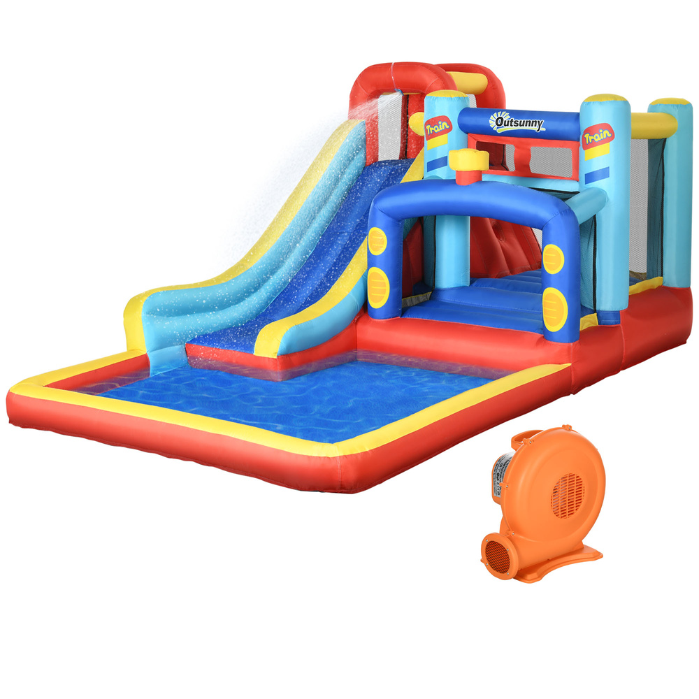 Outsunny 4-in-1 Bouncy Castle, with Slide, Trampoline, Climbing Wall, Blower, Multicoloured
