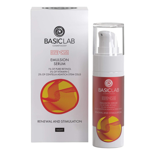 BasicLab Emulsyjne Serum z 1% Czystego Retinolu 5% Witaminą C Koenzymem Q10 i 2% Komórkami Macierzystymi z Wąkrotki Azjatyckiej Odnowa i Stymulacja na Noc 30ml