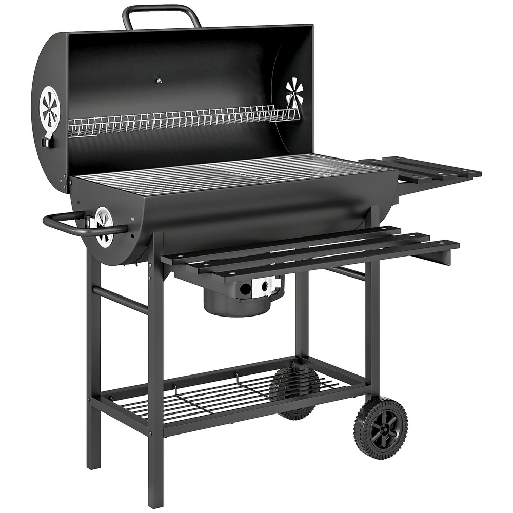 Outsunny Charcoal BBQ Grill with Foldable Front Side Shelf, Portable Barbecue Smoker with Warming Rack, Bottom Shelf, Lid, Temperature Gauge, Wheels for Outdoor Cooking Garden Party, Black