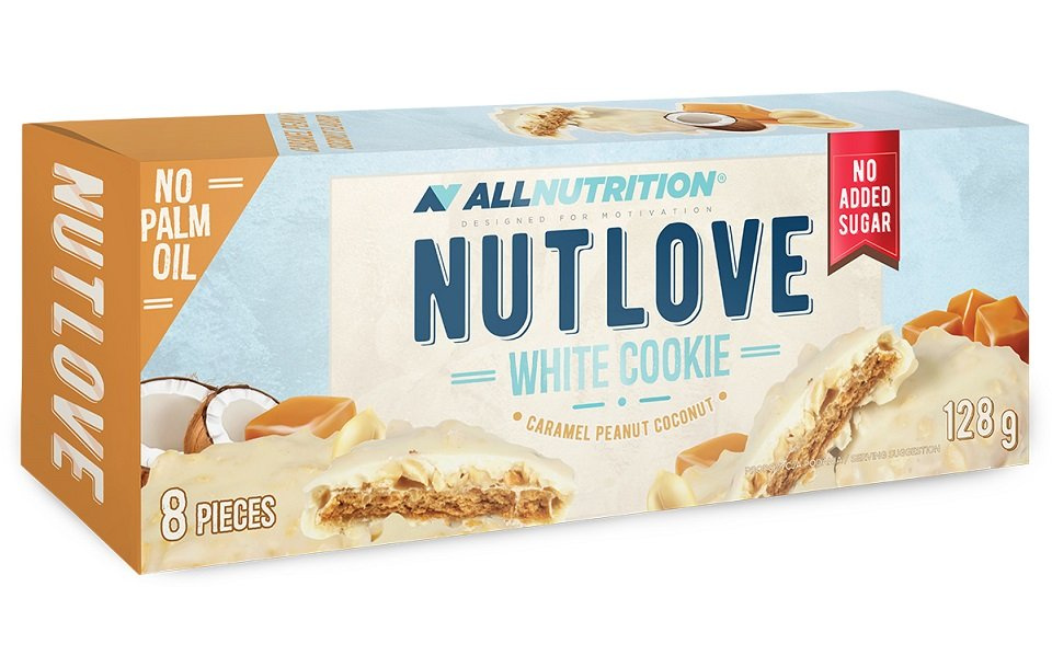 Allnutrition Nutlove White Cookie Karmel Orzech Kokos Ciasteczka Bez Cukru 8 Ciasteczek