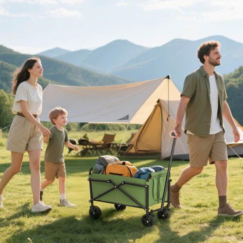 Outsunny 41L Festival Trolley on Wheels, Compact Garden Folding Trolley Cart, 60kg Heavy Duty Collapsible Foldable Wagon with Adjustable Handle and Carrying Bag for Beach, Camping, Festival, Green