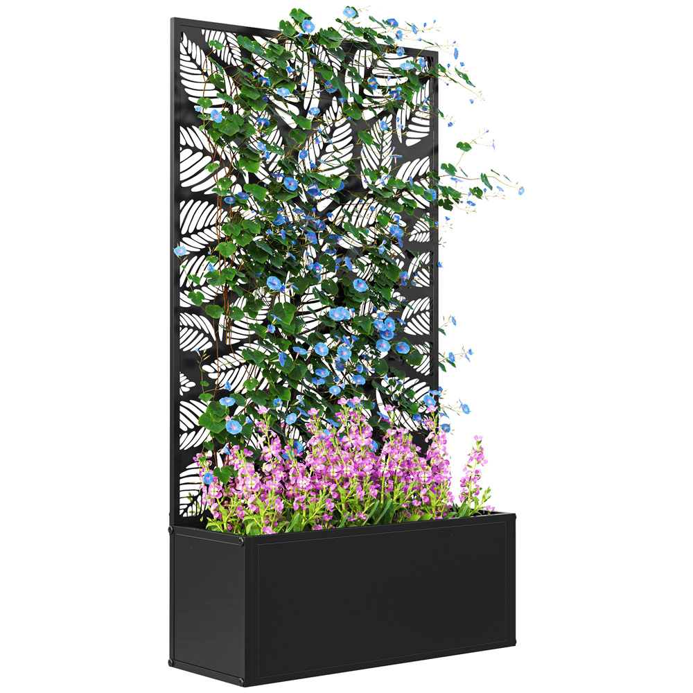 Outsunny Outdoor Metal Planter, with Back Trellis - Black