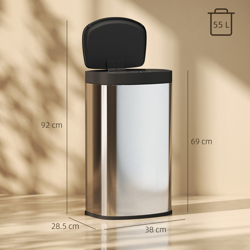 HOMCOM 55L Sensor Bin with Soft-Close Lid, Automatic Touchless Motion Sensor Kitchen Bin with Fingerprint Resistant Stainless Steel for Hygienic Gyms, Home Office Use, Silver Tone