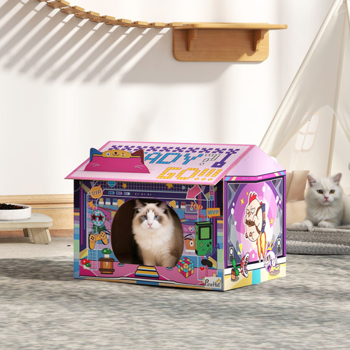 PawHut 2 in 1 Gaming Style Cardboard Cat House with Scratching Board & Catnip for Indoor Cats, Pink