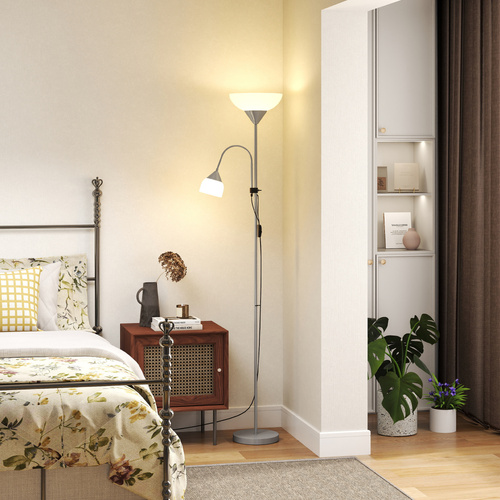 HOMCOM LED Floor Lamp for Living Room, 180cm Tall Standing Lamp, Mother and Child Uplighter with Adjustable Gooseneck, Silver Tone