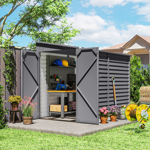 Outsunny 5 x 9ft Galvanised Metal Garden Shed with Foundation Kit, Outdoor Lean-to Shed, Tool Storage House with Lockable Doors, Gloves and 2 Air Vents for Patio, Garden, Grey