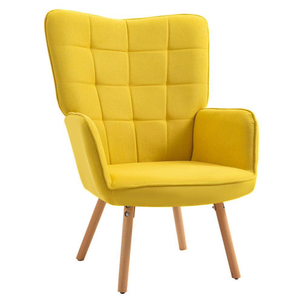 HOMCOM Modern Accent Chair, Upholstered Tufted Wingback Armchair with Seat Padding, Velvet Leisure Lounge Bedroom Chair with Wood Legs, Yellow