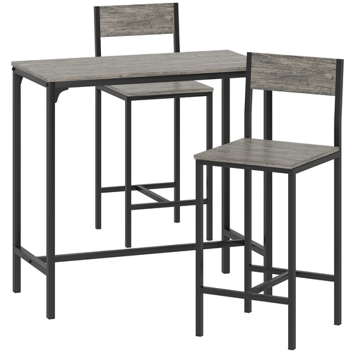 HOMCOM 3-Piece Bar Table Set with 2 Stools, Industrial Breakfast Bar Set with Footrest, Backrest for Dining Room, Small Space