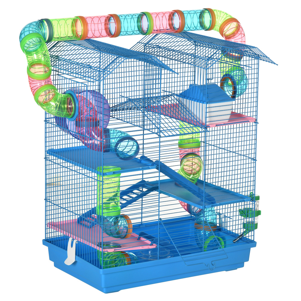 PawHut Hamster Cage, 5 Tier Carrier Habitat with Exercise Wheels Tunnel Tube Water Bottle Dishes House Ladder, Gerbil Cage for Dwarf Mice, Blue