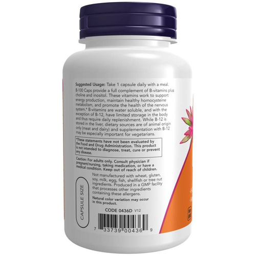 Now Foods Vitamin B-100 Complex Wspomaga Układ Nerwowy i Odpornościowy 100 Kapsułek
