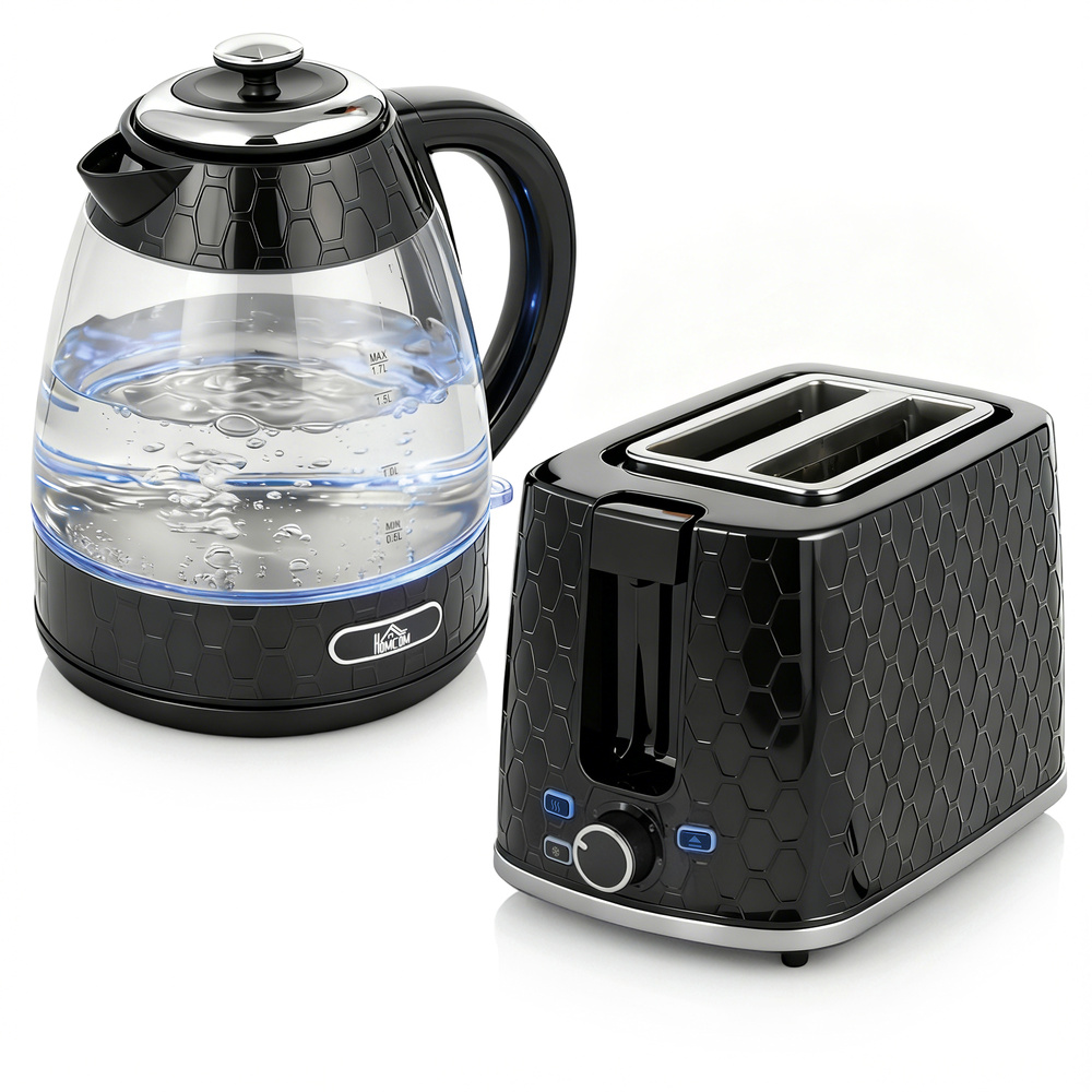 HOMCOM Kettle and Toaster Set, 1.7L 3000W Rapid Kettle with Limescale Filter, 2 Slice Toaster with 7 Browning Controls, Black