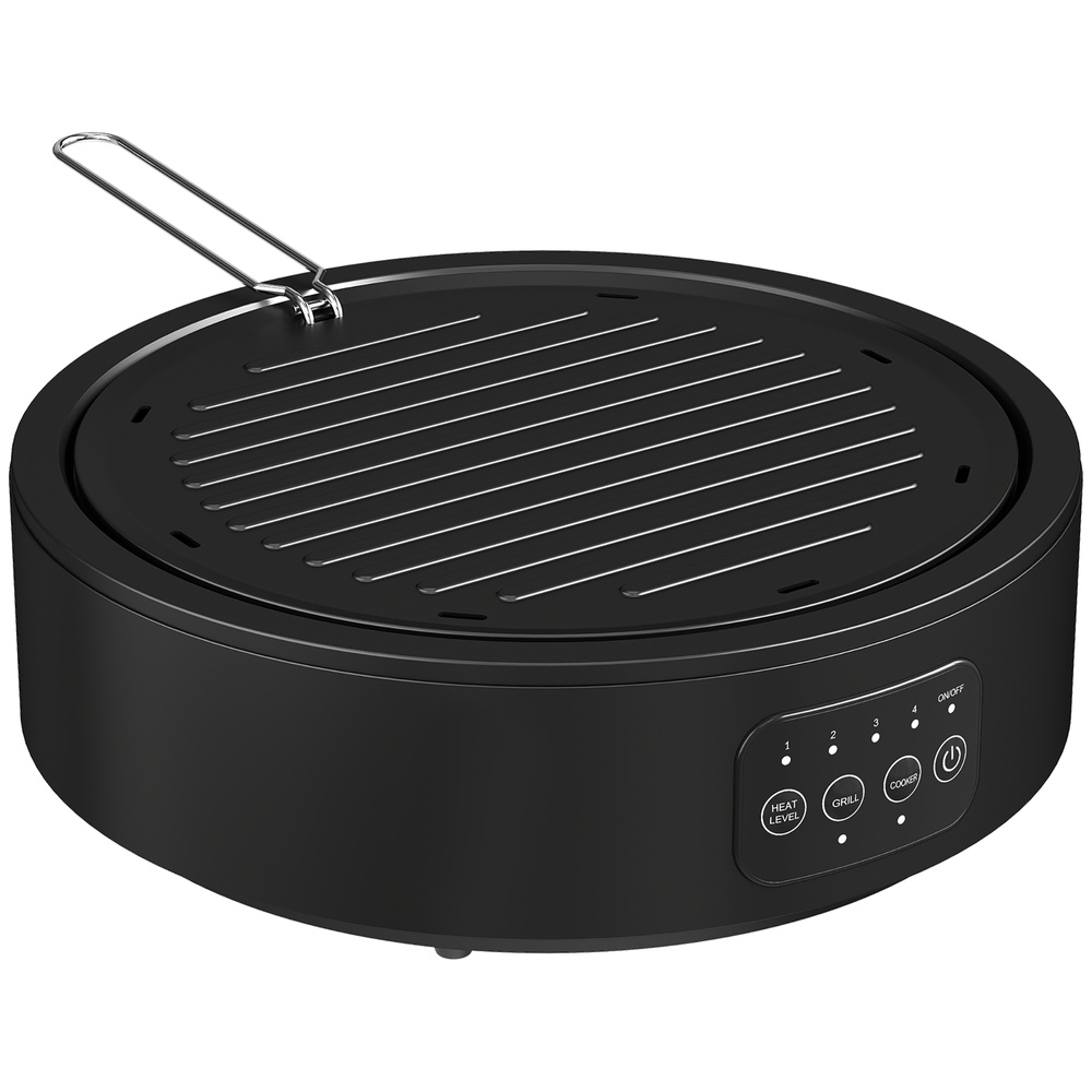 HOMCOM Electric Ceramic Hob with Grill Plate, Multifunctional 36cm Plug in Electric Hob with 4 Heat Levels for All Type Pot