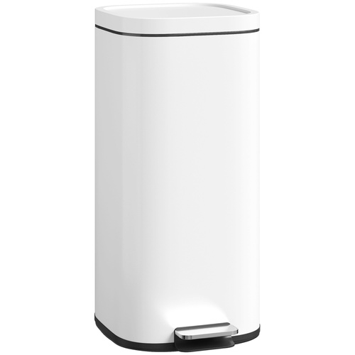 HOMCOM 30L Kitchen Bin, Compact Pedal Bin with Soft-Close and Stay-Open Lid, Removable Bucket for Kitchen, Home, Office, White