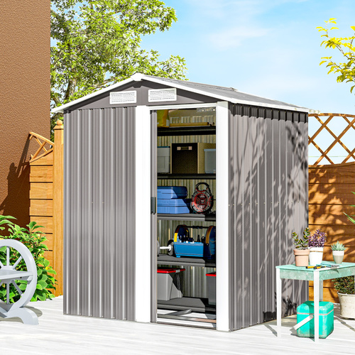 Outsunny Garden Metal Tool Storage Shed with Sliding Door, Sloped Roof and Foundation Kit, 152 x 132 x 188cm, Grey
