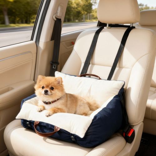 PawHut Dog Car Seat, Cosy Pet Car Booster Seat for Small Dog Under 5 KG, Portable Travel Bed with Safety Belts, Navy Blue