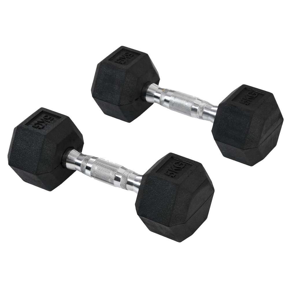 HOMCOM 2x5kg Rubber Dumbbell Sports Hex Weights Sets Gym Fitness Lifting Home