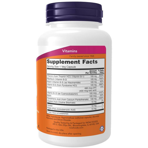 Now Foods Vitamin B-100 Complex Wspomaga Układ Nerwowy i Odpornościowy 100 Kapsułek
