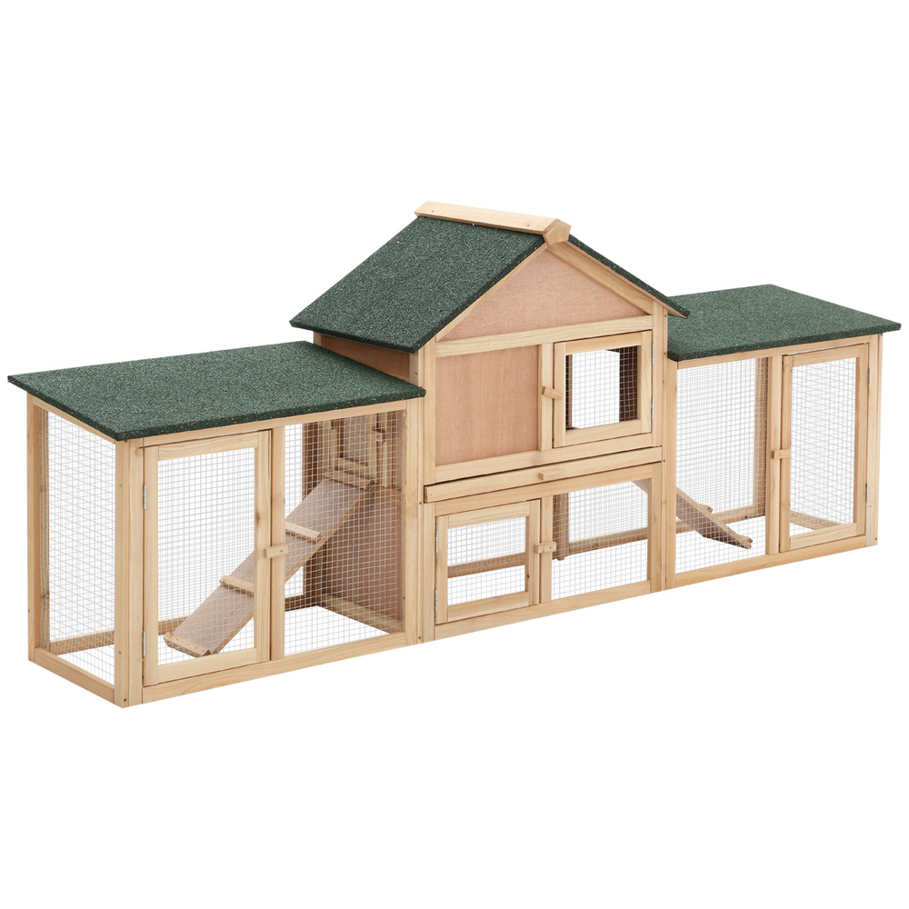 PawHut Wooden Rabbit Hutch 2-Storey with Run Outdoor Bunny Guinea Pig, Natural Wood