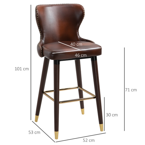 HOMCOM Bar Stools Set of 2, PU Leather Barstools with Back, Footrest and Wood Legs for Kitchen, Counter, Breakfast Bar, Brown