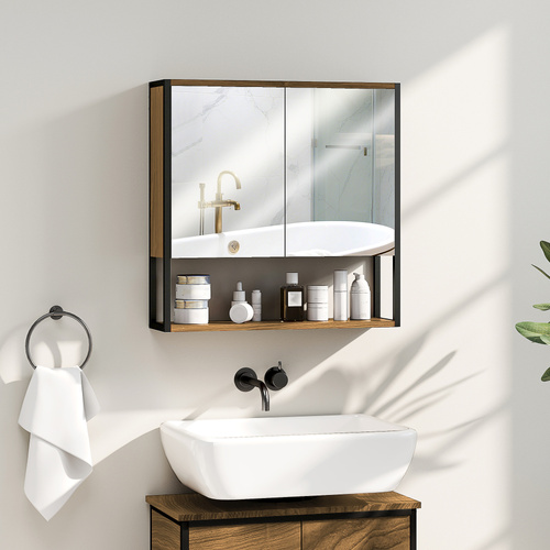 HOMCOM Bathroom Mirror Cabinet with Soft-Close Doors and Adjustable Shelf - Natural Wood Finish