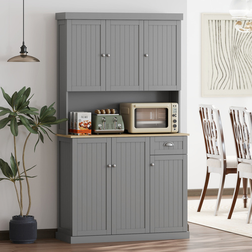 HOMCOM 180cm Freestanding Kitchen Cabinet, Modern Storage Cupboard with Open Countertop, Drawer and 6 Doors, Grey