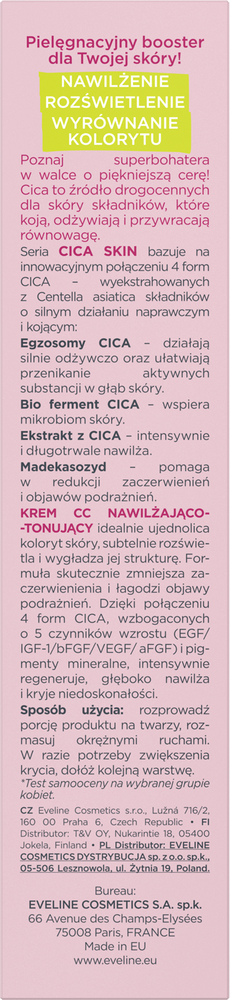 Eveline Cica Skin Krem CC Nawilżająco-Tonujący Wyrównuje Koloryt Skóry 30ml