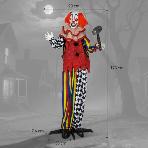 Outsunny 173 cm Life Size Halloween Animated Standing Clown & Hammer with Red Light Up Eyes, Sound Activated Moving Arms & Head, Scary Clown Halloween Decorations, Battery Operated, Indoor Party Props
