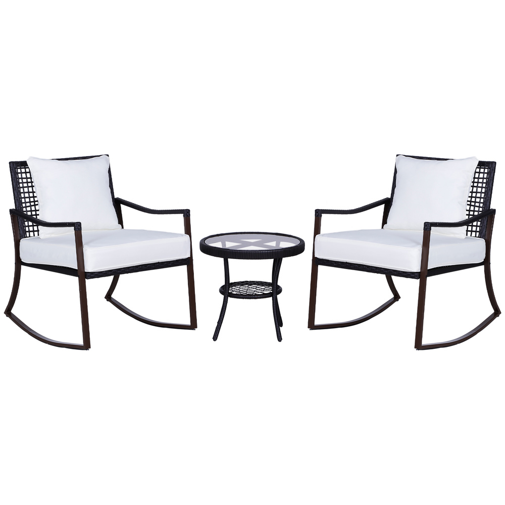 Outsunny Rattan Bistro Set, 3 Pieces Wicker Garden Furniture Set with Rocking Chairs and Round Glass Top Coffee Table, Small Balcony Furniture with Cushions for Outdoor, Porch, Brown