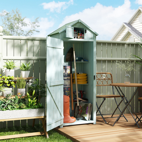Outsunny Garden Shed Vertical Utility 3 Shelves Shed Wood Outdoor Garden Tool Storage Unit Storage Cabinet, 77 x 54.2 x 179cm - Blue