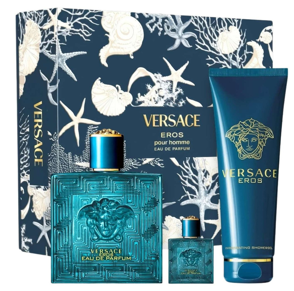 Versace Eros Gift Set 100ml EDP + 5ml EDP + 150ml Bath and Shower Gel Set for Men 1 Piece