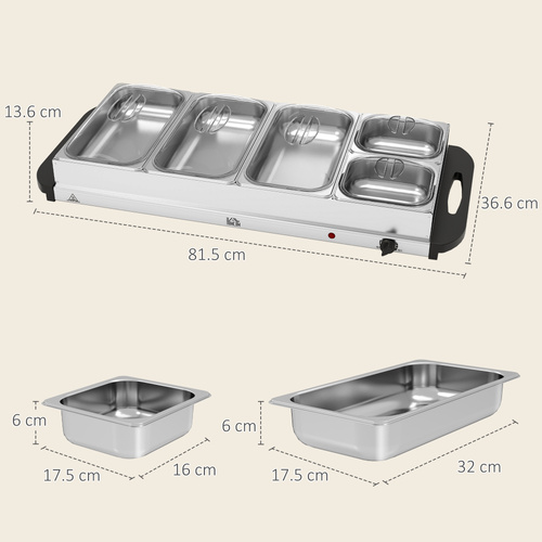 HOMCOM 5 Tray Electric Food Warmer Buffet Server with Warming Plate, Cool Touch Handles, Adjustable Temperature, 300W, 3 x 2.4L and 2 x 1L Pans