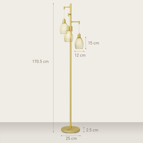 HOMCOM 3-Light Floor Lamp, 170cm Industrial Dimmable Standing Lamp with Steel Wire Cage Lampshades for Living Room, Bedroom, Dining Room, Study, Bulb Not Included, Gold Tone