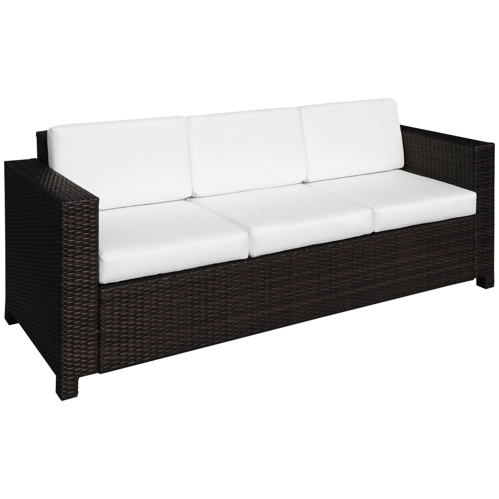 Outsunny 3 Seater Rattan Sofa, All-Weather Wicker Weave Metal Frame Chair with Fire Resistant Cushion, Brown