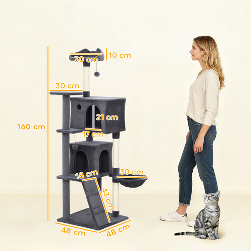 PawHut 160cm Large Cat Tree Tower with Sisal Scratching Posts, Condos, Plush Perches, Hammock, Ladder, Dark Grey