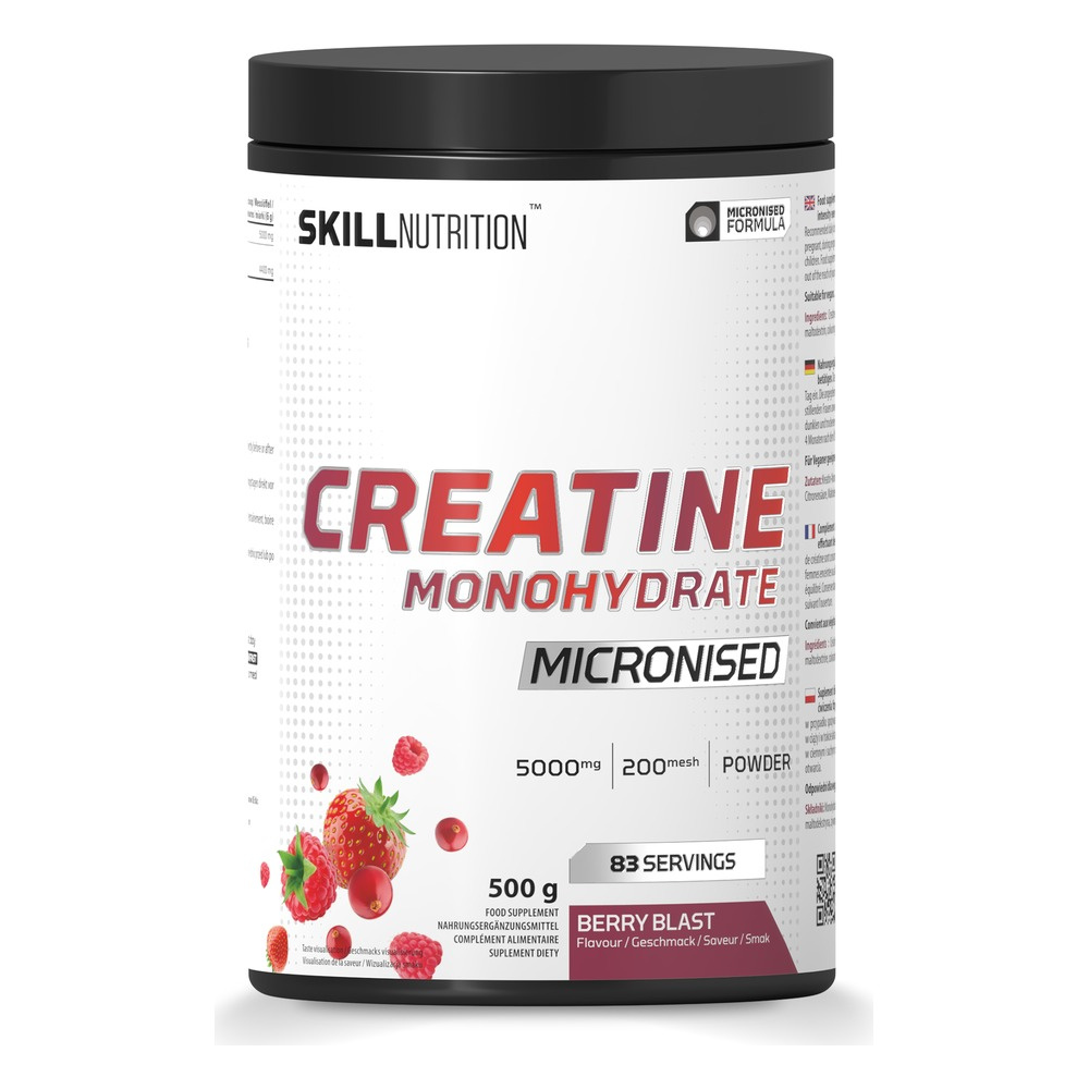 Skill Nutrition Mikronizowany Monohydrat Kreatyny Smak Owoce Leśne na Siłę i Wydajność Mięśni 500g