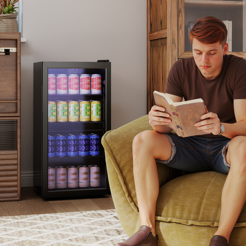 HOMCOM 93L Drinks Fridge, 115 Can Freestanding Beer Fridge with Glass Door, Adjustable Shelves, LED Light, for Beer Soda, Black