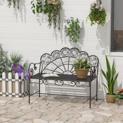 Outsunny Metal Garden Bench Loveseat with Slatted Seat, Black