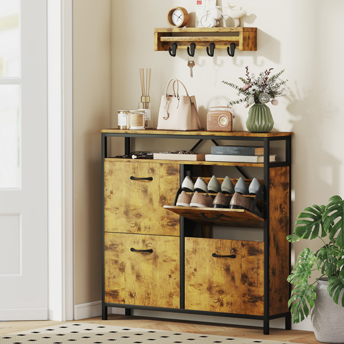 HOMCOM Shoe Storage Cabinet with 4 Flip Drawers and Open Shelf - Rustic Brown