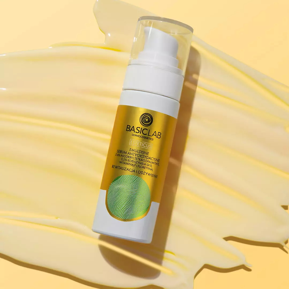 BasicLab Dermokosmetyki Luksusowe Serum Antyoksydacyjne z 6% Ascorbyl Tetraisopalmitate - Rewitalizacja i Nawilżenie dla Suchych i Bardzo Suchych Skór, Dzień i Noc, 15 ml