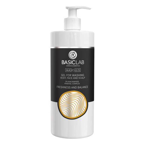 BasicLab Masculis Gel for Washing Body, Face and Scalp 2% Niacinamide Mineral Complex Freshness and Shine for Men 500ml