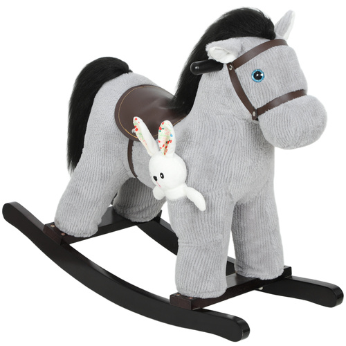 AIYAPLAY Baby Rocking Horse, Plush Ride on Toy with Handle Grip, Sound and Doll, Toddler Animal Rocker for Kids Aged 2-5, Grey