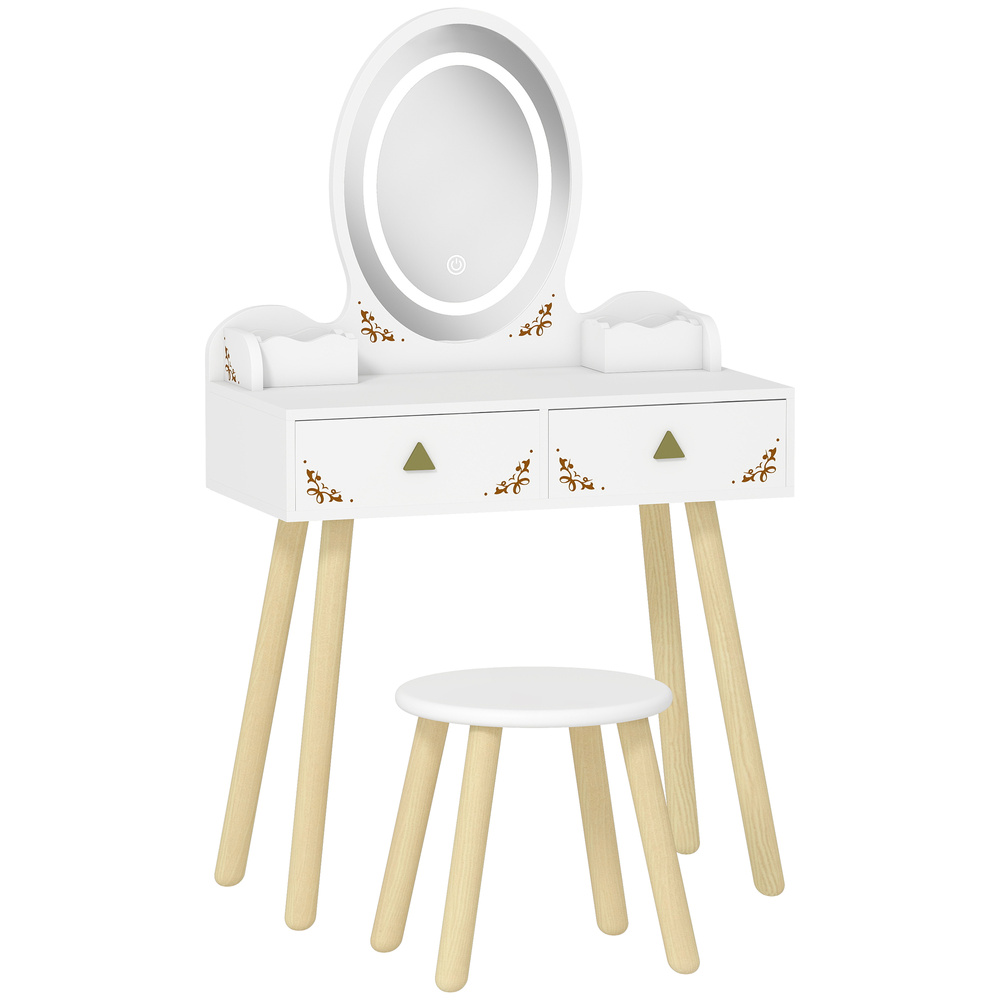 AIYAPLAY Kids Vanity Table and Chair Set with 3-Colour LED Lights Mirror, Drawer, Storage Boxes, for 3+ Years, White