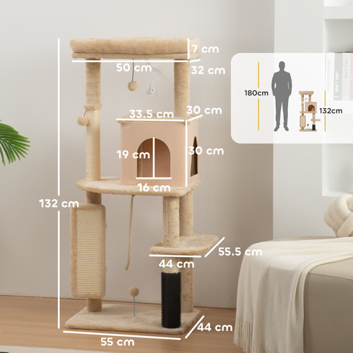 PawHut 132cm Cat Tree w/ Scratching Posts, Pad, Cat Bed, Cat House, Jumping Platform, Grooming Brush, Anti-Tip Kit, Beige