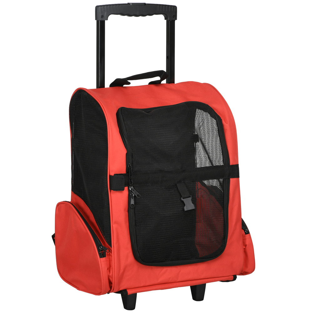 PawHut Pet Travel Backpack Bag Cat Puppy Dog Carrier w/ Trolley and Telescopic Handle Portable Stroller Wheel Luggage Bag (Red)