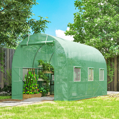 Outsunny 3.5 x 2m Walk-In Polytunnel Greenhouse, with Steel Frame, PE Cover, Roll-Up Door and 6 Windows, Green