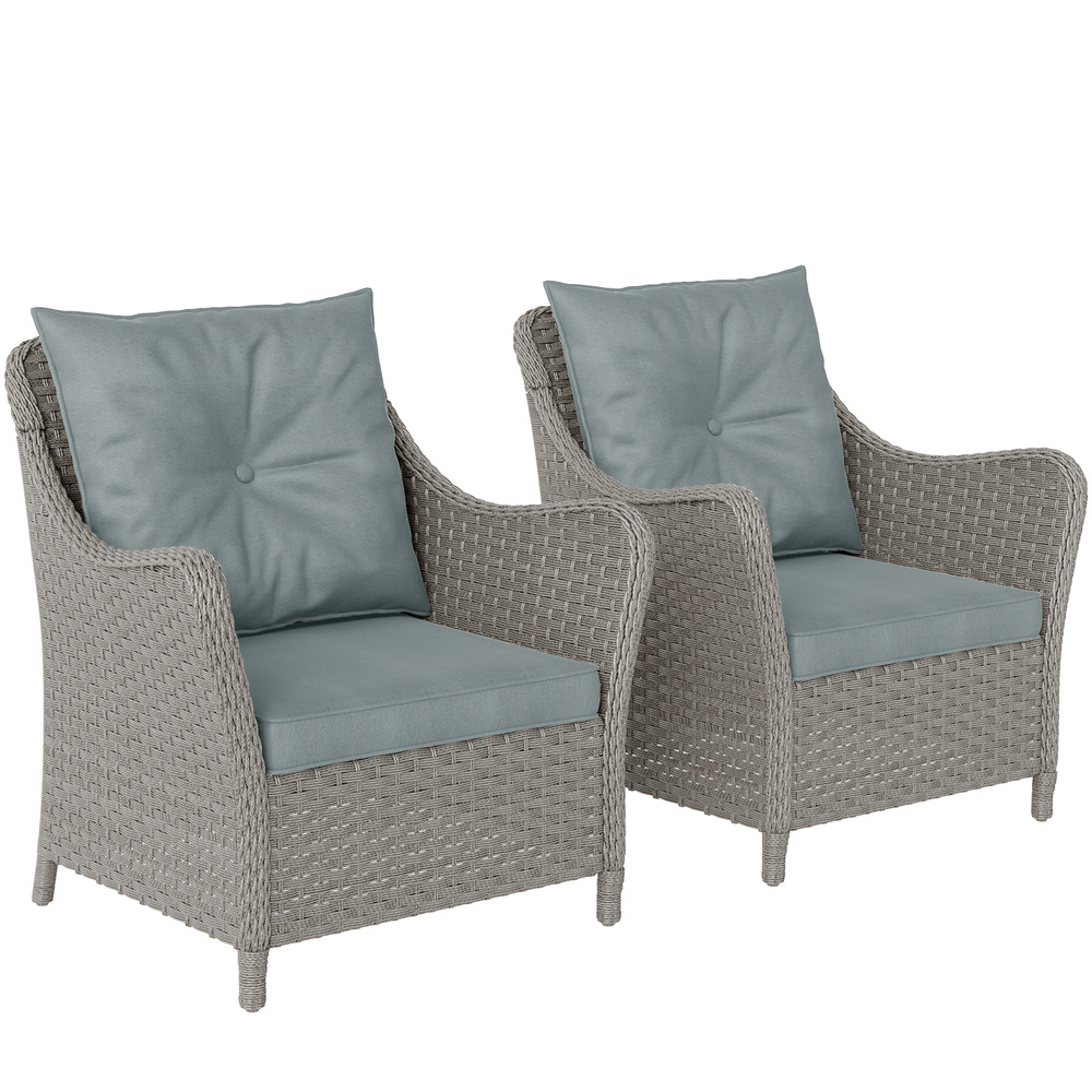 Outsunny Rattan Garden Chairs Set of 2, Outdoor Rattan Chairs with Cushions, Armrests and High Back, PE Wicker Garden Armchair with Steel Frame for Balcony, Porch, Light Grey