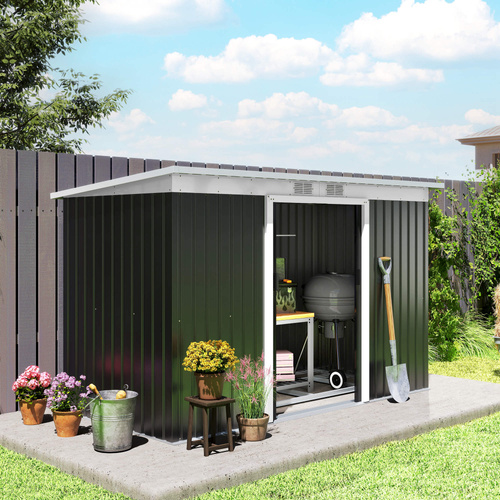 Outsunny 9ft x 4ft Metal Garden Shed, Outdoor Tool House with Foundation Kit, Ventilations and Double Doors, Dark Grey
