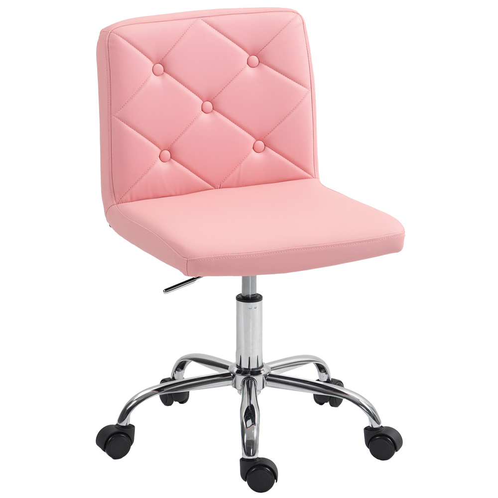 HOMCOM PU Leather Armless Office Chair, Modern Vanity Computer Swivel Chair with Rolling Wheels and Adjustable Height for Home Study, Bedroom, Pink