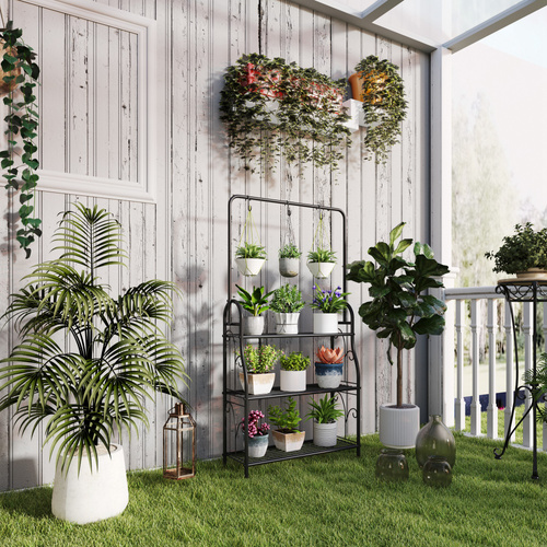 Outsunny 3 Tier Plant Stand with Hanging Rod and Hooks, Metal Plant Rack Shelf, Ladder Flower Pot for Indoor Outdoor Porch Balcony Living Room Bedroom, Black