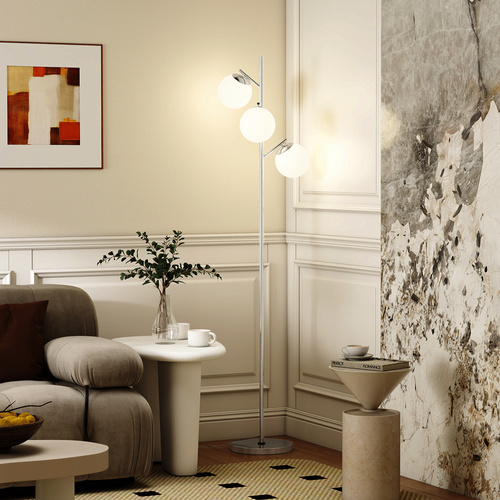 HOMCOM 3-Light Tree Floor Lamps for Living Room, Modern Standing Lamp for Bedroom with Globe Lampshade, 3000K/4000K/6000K Colour Temperatures, Steel Base, Silver Tone